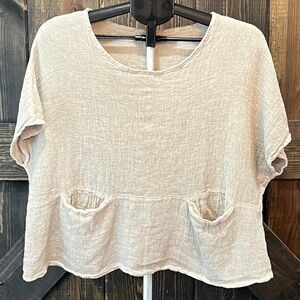 Colette Paris Linen Blend Top L Oversized Gauzy Pockets Tan Lagenlook Crop Light